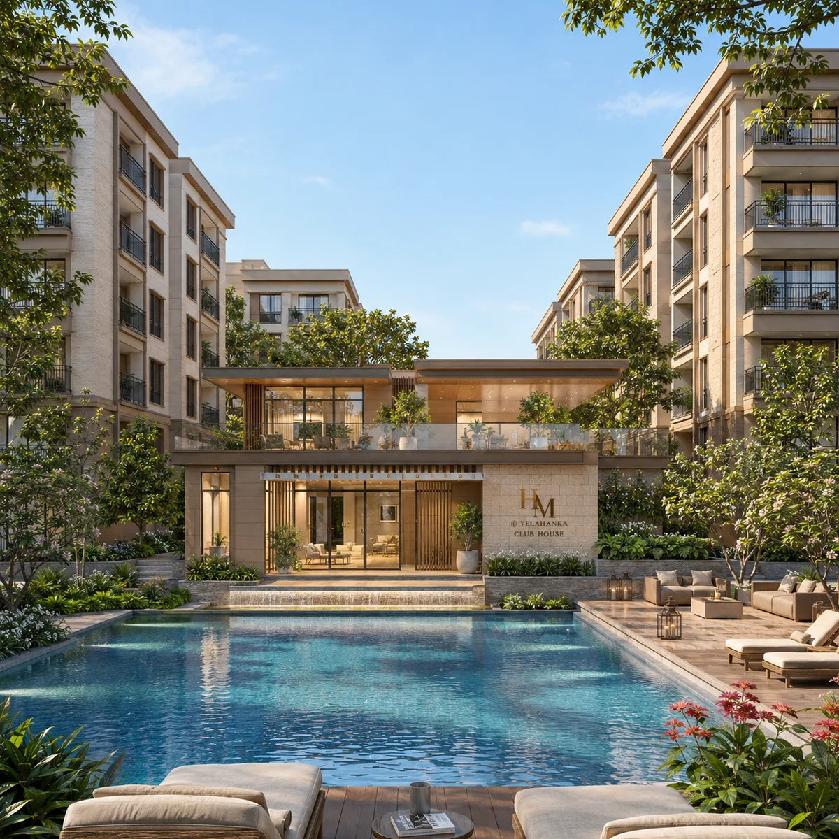 HM @ Yelahanka boutique clubhouse and amenity deck beside the swimming pool