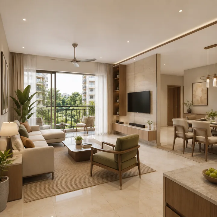 HM @ Yelahanka Vaastu-compliant 3 BHK living and dining interior with balcony outlook